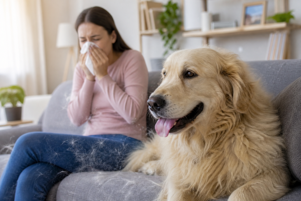 Kobieta na kanapie kicha obok golden retrievera, wokół widać sierść psa