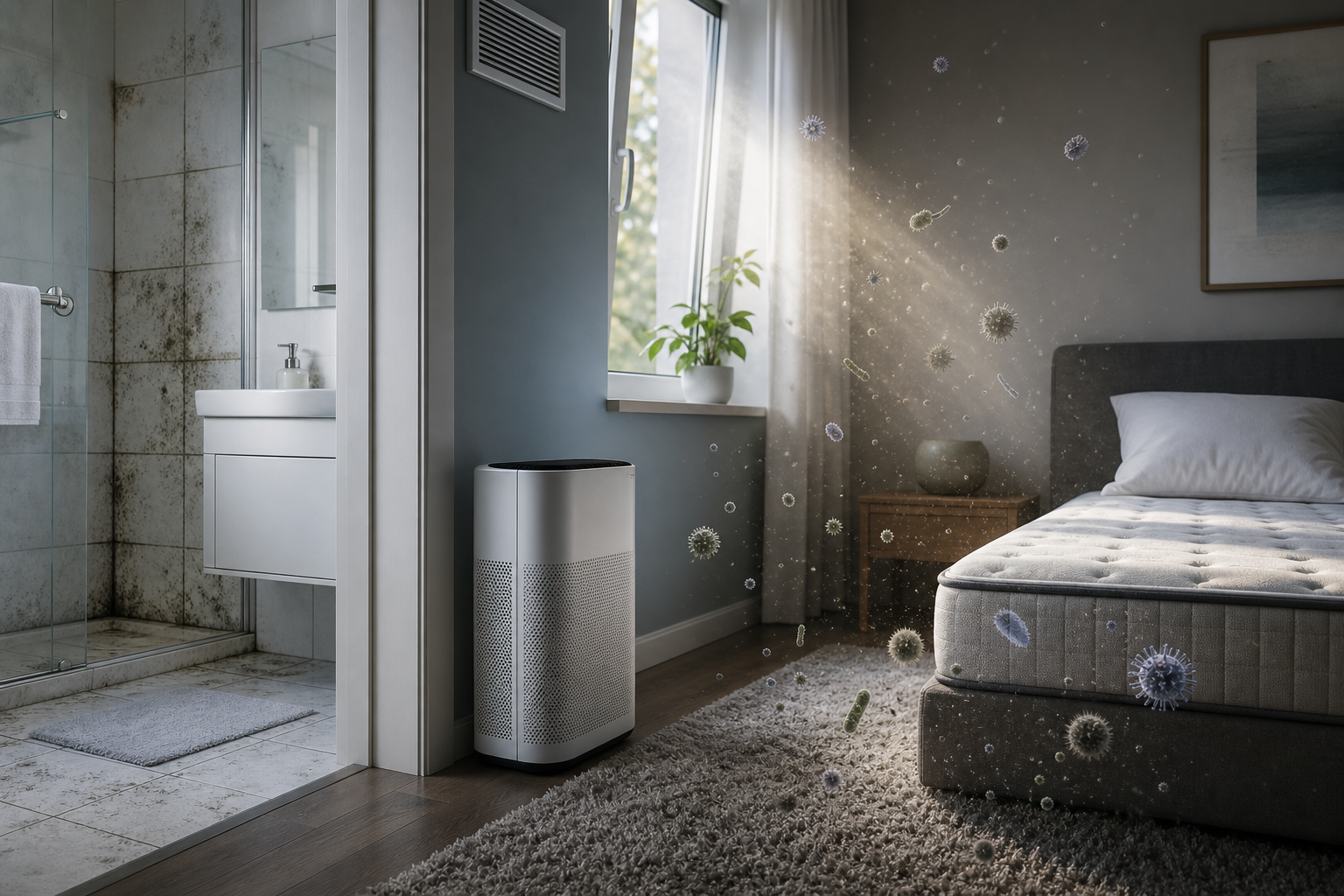 Oczyszczacz powietrza w sypialni obok łazienki, usuwający unoszące się w powietrzu zanieczyszczenia i alergeny